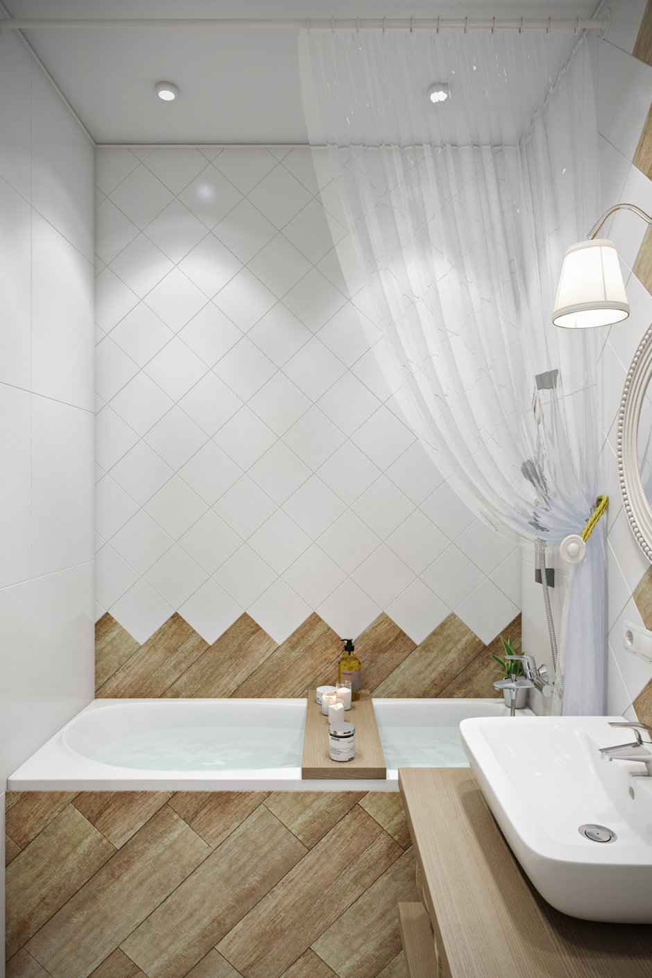 Fahatású és négyzet alakú fehér csempe fürdőszobában - diagonál burkolás, átlósan - tipp 3