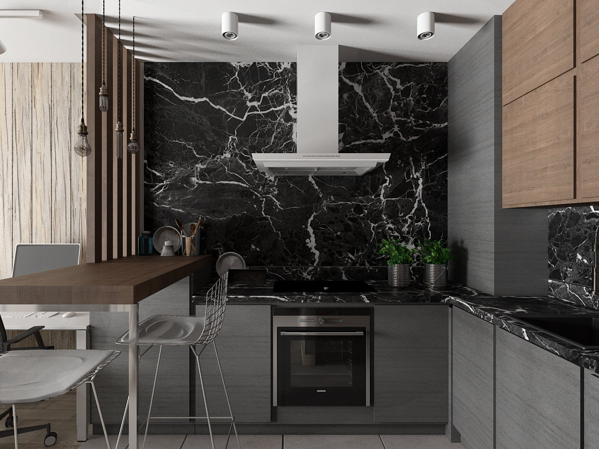 Fekete márvány konyha hátfal és konyhapult, modern szürke és fa konyhabútor, fa étkezőpult
