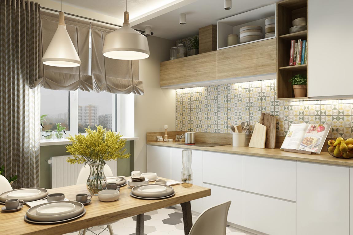 Modern konyha friss, természetes hangulattal berendezve - falba épített kamra és konyhagépek, mintás hátfal csempe, fehér, fa és szolid zöld