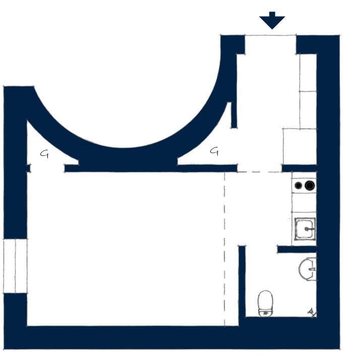 alaprajz - Fehér, modern, praktikus - egy szobás, 21nm-es kis lakás galériával