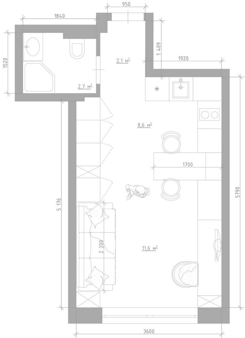 Alaprajz - Kis lakás - mini otthon és munkahely egyben 25m2-en, modern stílusban, teljes funkcionalitással és kényelemmel