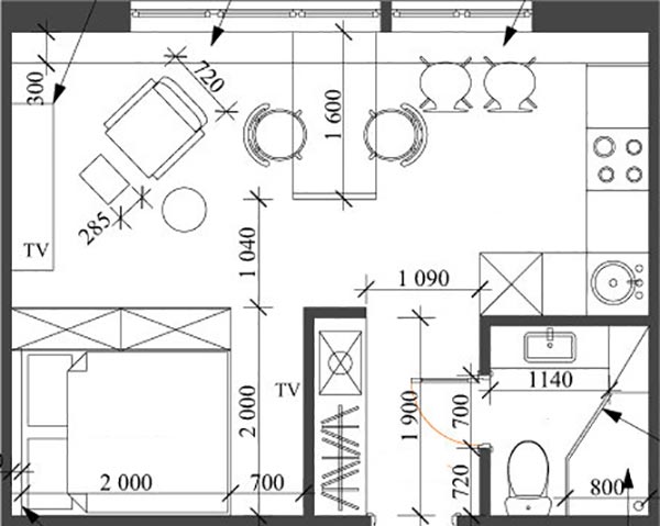 Alaprajz - 27m2-es pici lakás modern berendezése - biokandalló, kényelmes konyha, fa felületek, külön hálórész