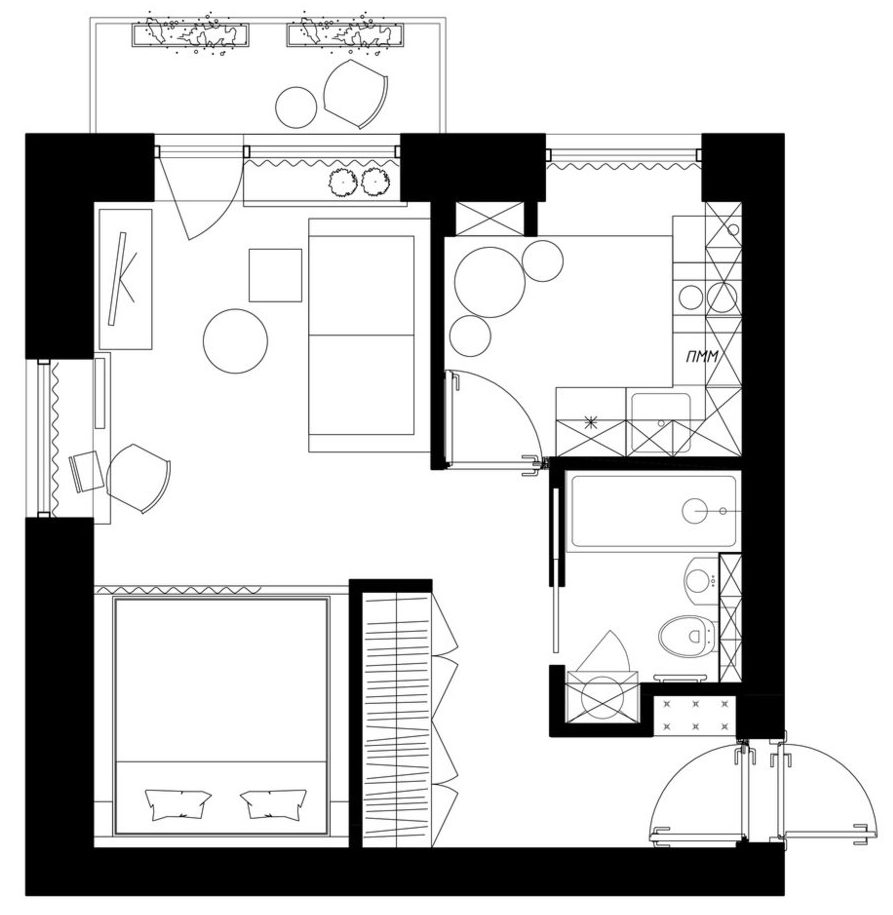 Alaprajz - Hogyan hozd ki a legtöbbet 28m2-ből - mini lakás külön konyhával, hálófülkével, szép fürdőszobával