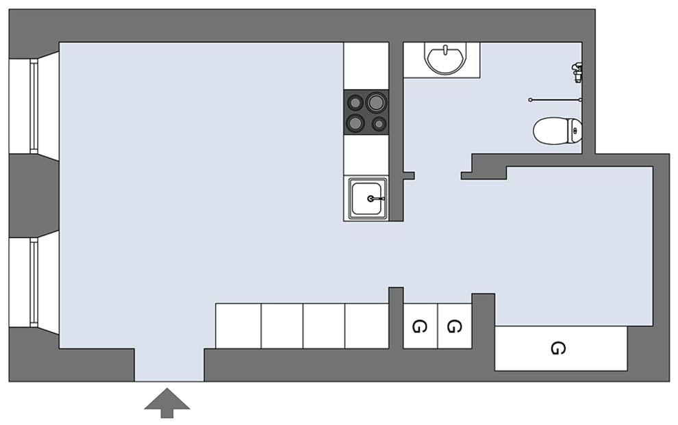 Alaprajz - Érdekes, különleges kis 28m2-es lakás fekete bútorokkal, külön hálószobával