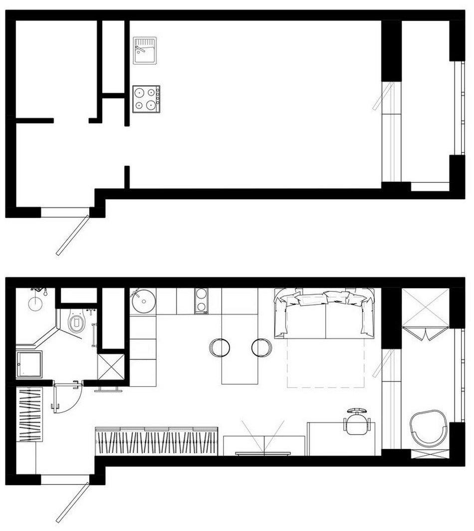 Alaprajz - Fényes kék felületek és kiegészítők, minden ami szükséges 29m2-en - kis lakás ötletes, praktikus lakberendezéssel