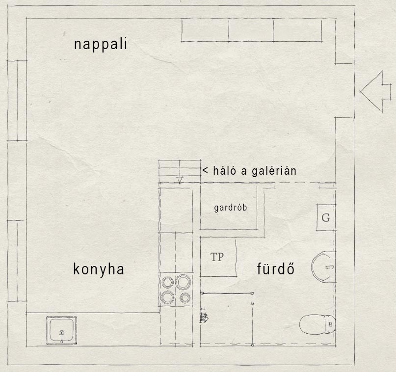 Alaprajz - Pici egyszobás lakás fürdőszoba fölött kialakított alvógalériával, fekete konyhával - 29m2