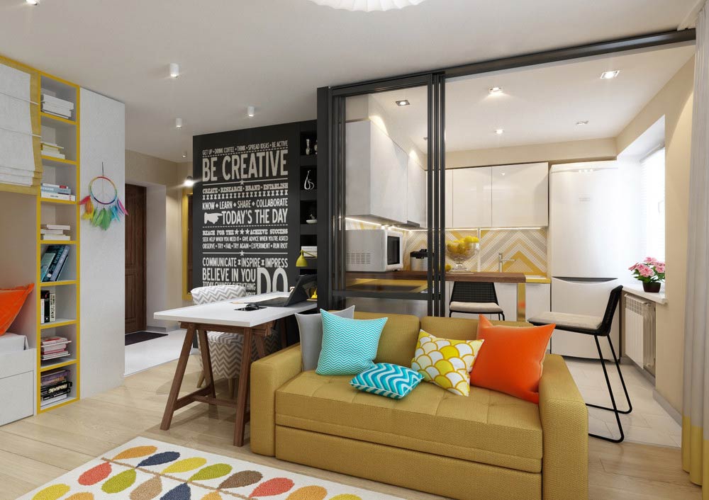 Konyha és nappali elválasztása eltolható üvegfallal egy 29m2-es kis lakásban - üde, pozitív hangulatú dekoráció