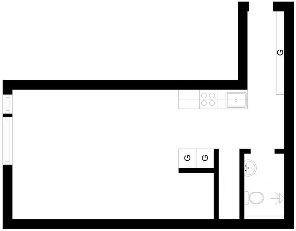 Alaprajz - Egyszobás 30m2-es lakás - egy hölgy otthona monokróm színvilággal, praktikus elrendezéssel