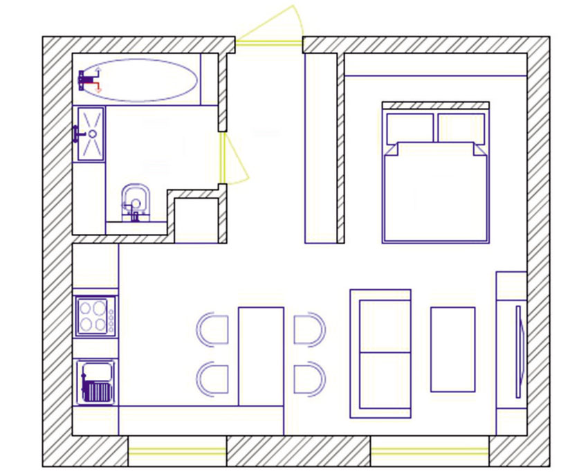 Alaprajz - Gardrób kétszemélyes ágy mögött 30m2-es kis lakásban - lágy színek, elegáns berendezés, ügyes helykihasználás