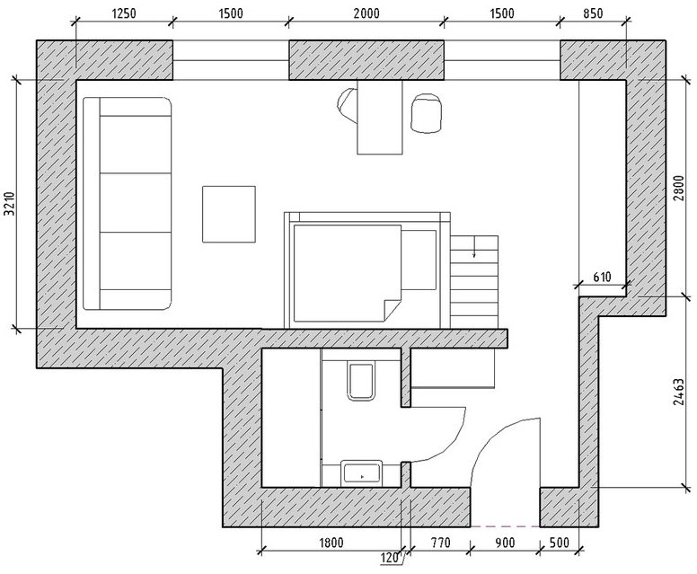 Alaprajz - Egy diák funkcionális, egyszerűen és olcsón berendezett 30m2-es kis lakása