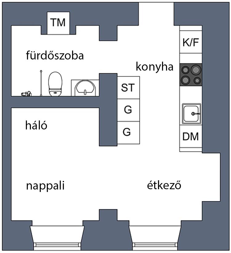 Alaprajz - Pici 30m2-es lakás elegáns berendezéssel, világosszürke falakkal, fekete konyhával