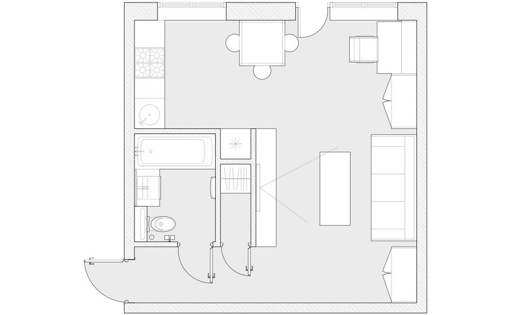 Alaprajz - Kis lakás egy fiatal férfinak - szimpla, modern, természetes minimál lakberendezés 30m2-en