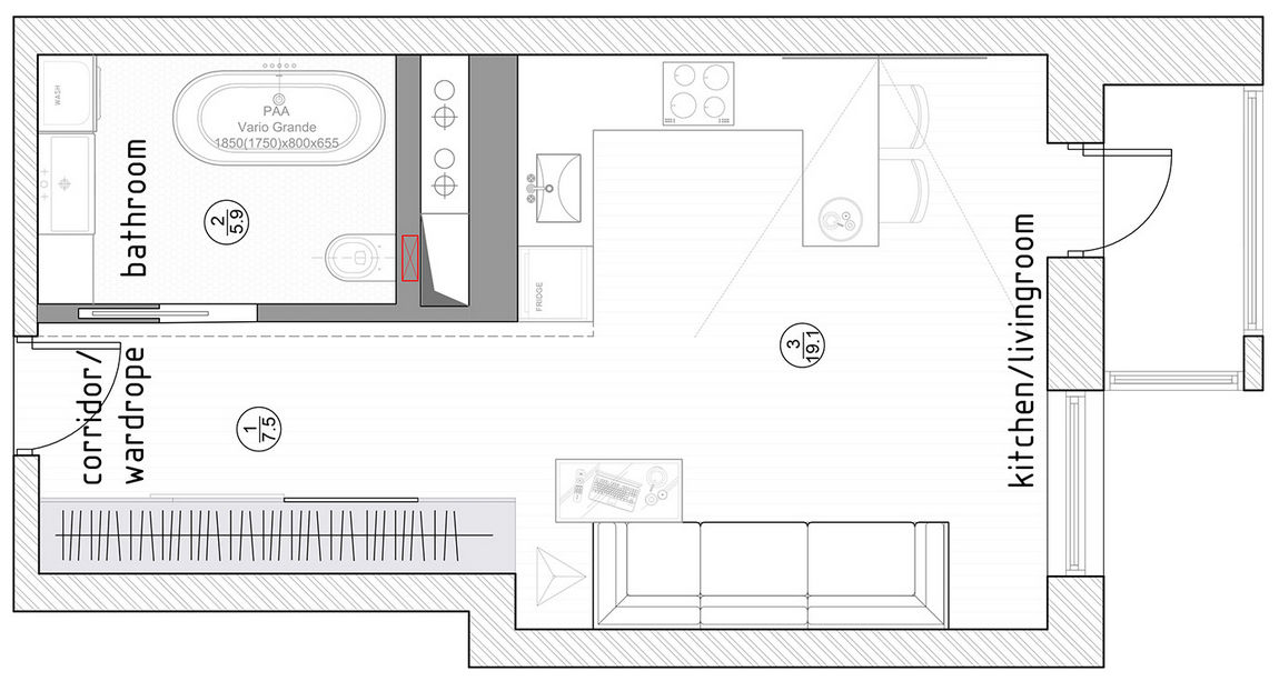 Alaprajz - 32m2-es lakás modern, látványos fürdőszobával, egy személynek ideális, praktikus kalakítással