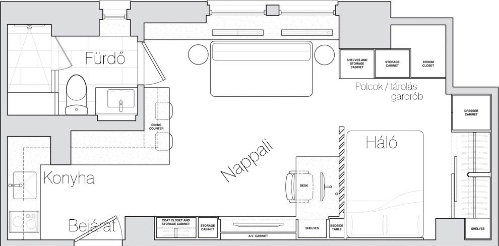 Alaprajz - A tökéletes mini otthon - jól átgondolt, ötletesen berendezett 32nm-es kis lakás