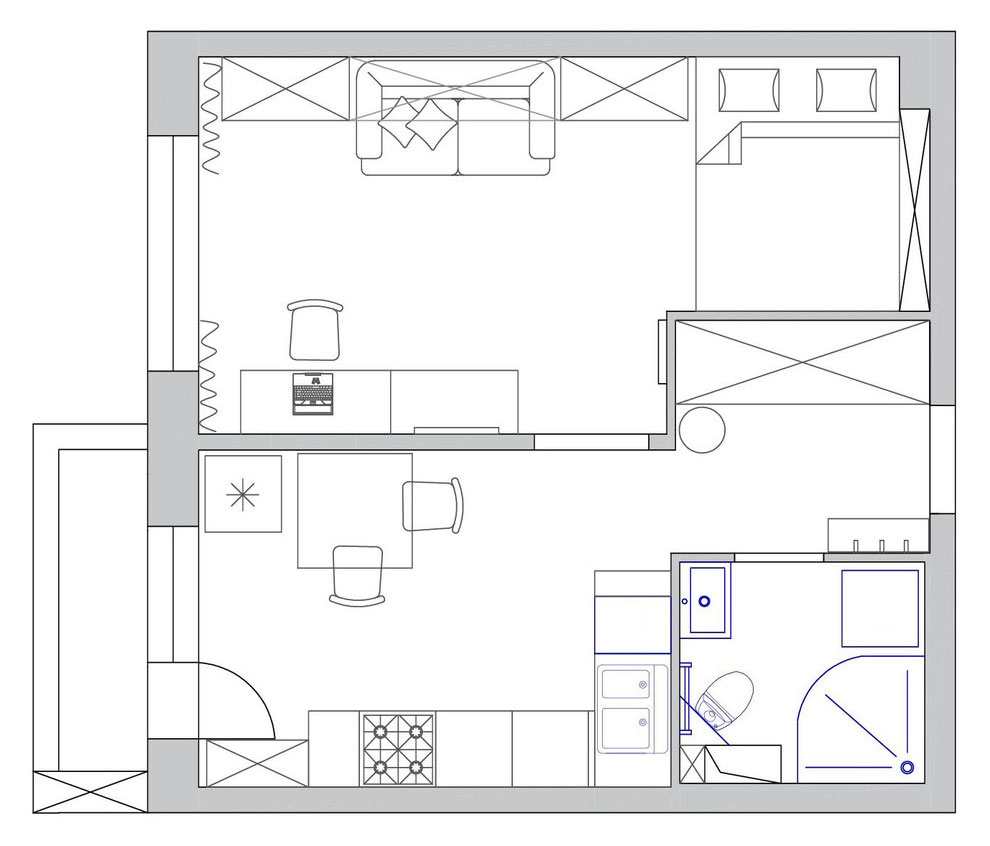 Alaprajz - Hogyan rendezz be egy 33m2-es kis lakást - világos dekoráció, praktikus megoldások, a lehetőségekhez mérten tágas elrendezés
