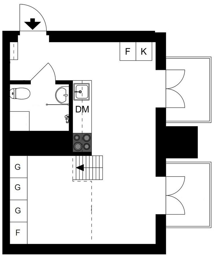 Alaprajz - Tetőtéri kis lakás remek kialakítással és stílusos megjelenéssel - galériával kihasználva a nagy belmagasságot és a tetőablakokat
