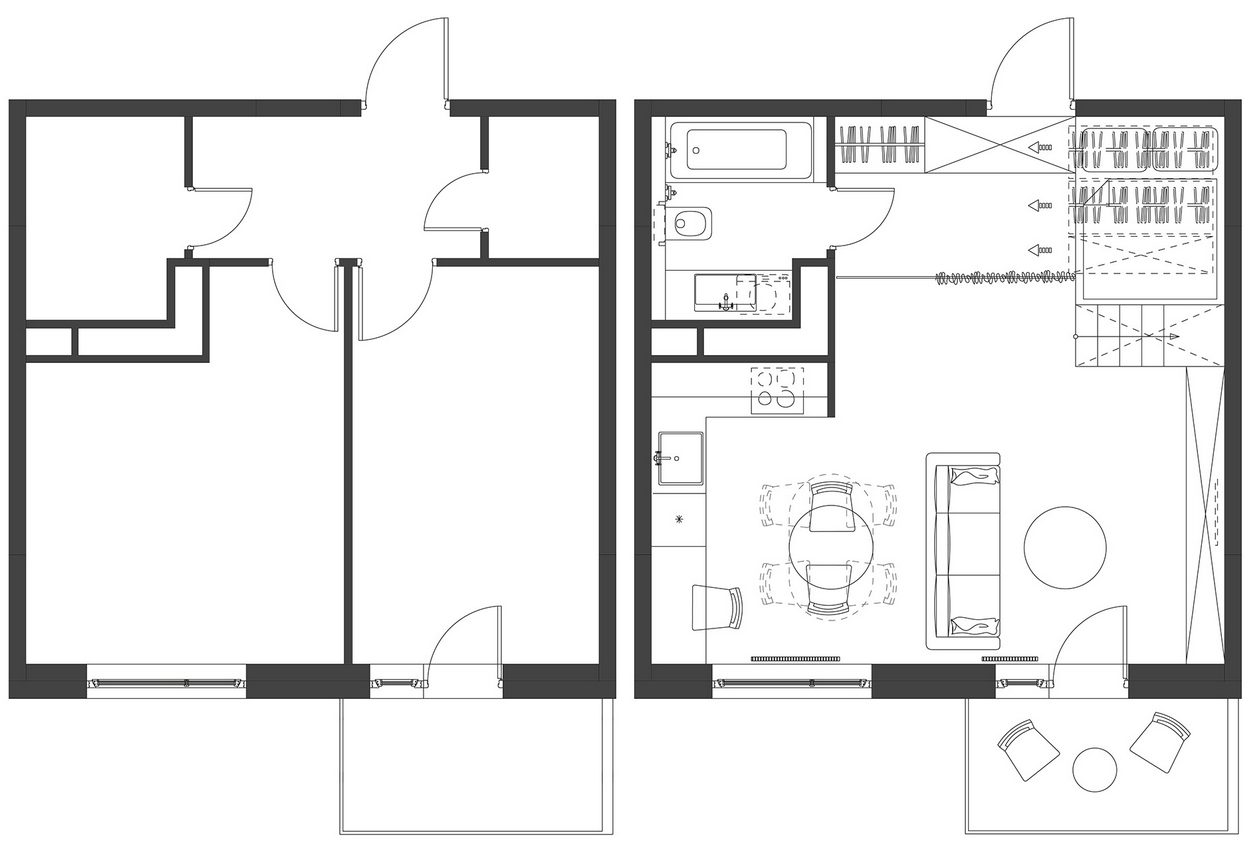 Alaprajz - Kis 35m2-es lakás berendezése ötletesen, saját tervezésű egyedi bútorokkal - egy fiatal pár kis otthona