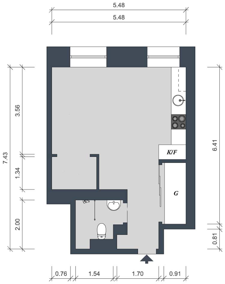 Alaprajz - 36m2-es otthonos kis lakás világos, hangulatos berendezéssel, kényelmes konyhával, hálófülkével