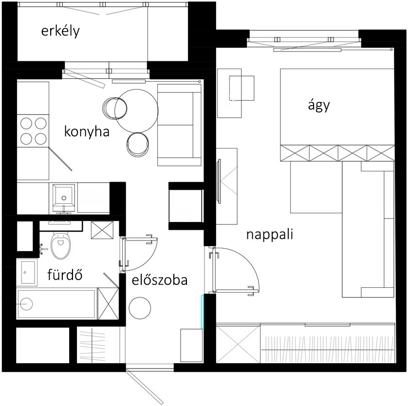 Alaprajz - Kis lakás ötletek - teljes berendezés IKEA bútorokkal, 36m2-es erkélyes otthon praktikusan