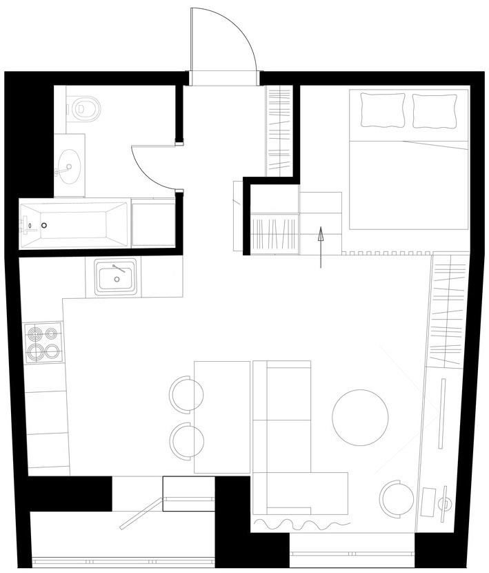 Alaprajz - Egyszobás lakás remek háló kialakítással, kellemes, nyugodt, egységes dekoráció és praktikum 37m2-en