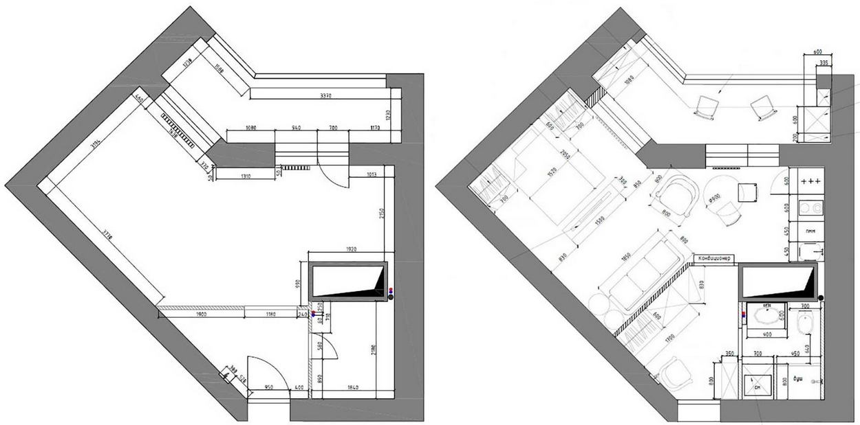 Alaprajz - Nehezen berendezhető tér egy kis 38m2-es lakásban - nappali és háló elválasztása TV fallal, beépített erkély