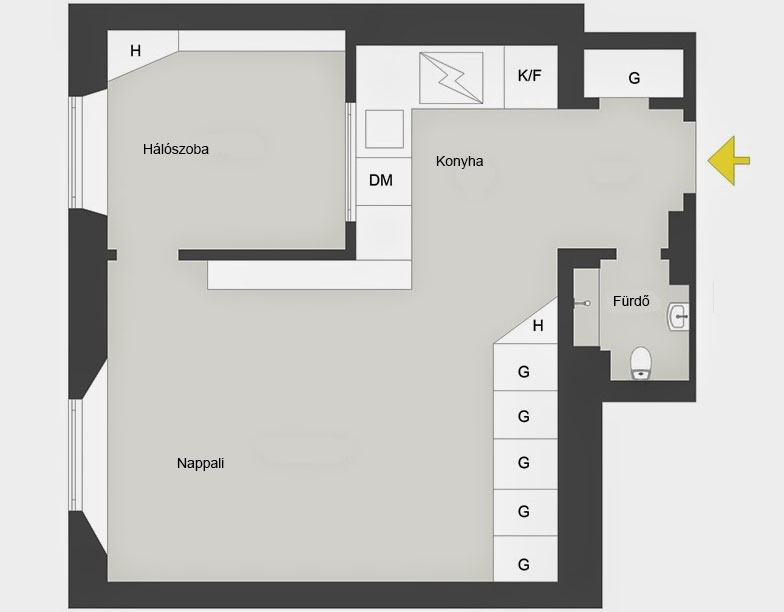 Remek 38m2-es kis lakás egyszerű, praktikus berendezéssel, semleges, kontrasztos színpalettával
