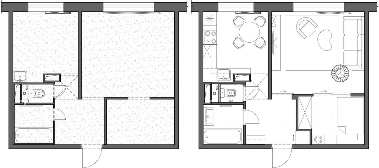 Alaprajz - Ötletek kis lakáshoz: szülőnek vásárolt 38m2-es lakás átalakítása, ablaktalan helyiség funkciójának javítása eltolható üvegfallal