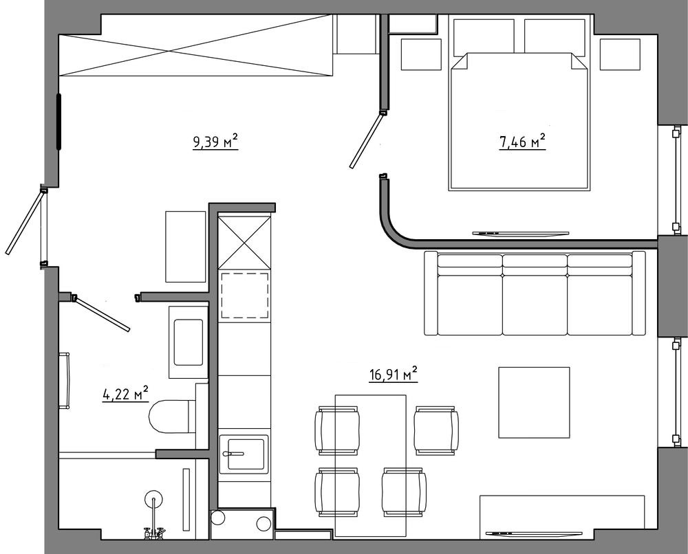 Alaprajz - Elegáns egyszerűség és funkcionalitás - kis 38m2-es lakás külön hálószobával és nagy gardróbbal