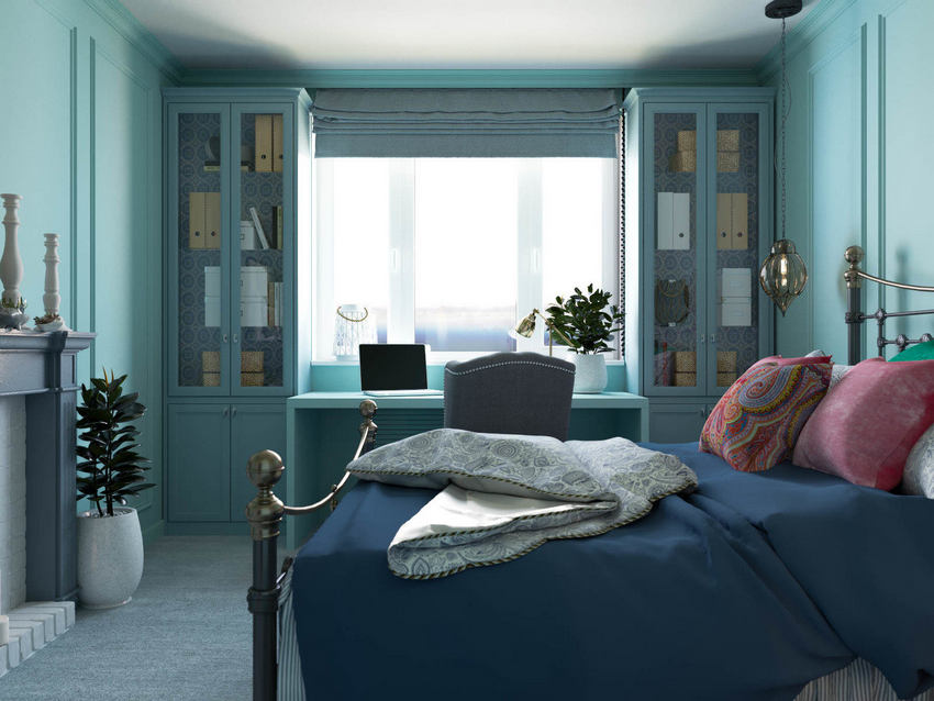 Mentazöld falak a hálószobában, lila, kék, szürke - 38m2-es lakás különleges színpalettával