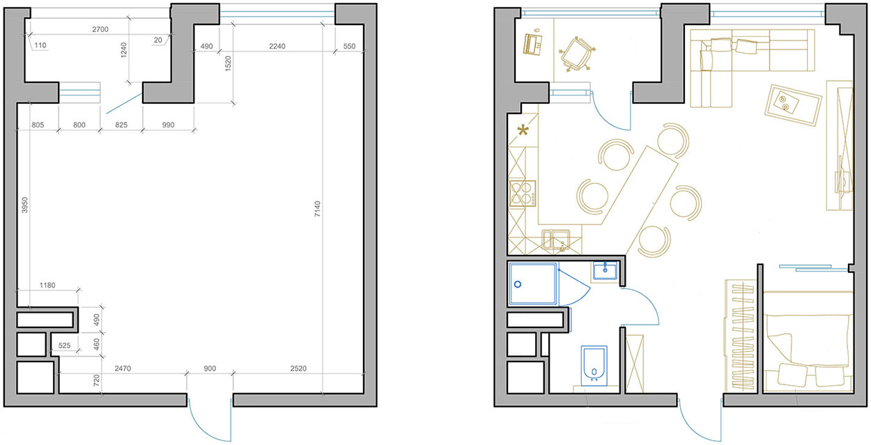 Alaprajz - Egyszerűség és hatékony helykihasználás, minimál stílus - egy fiatal férfi 40m2-es új lakása