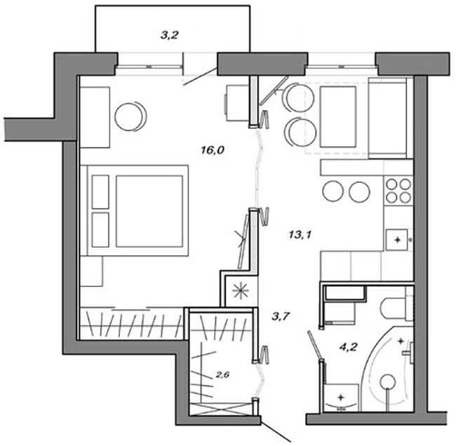 Alaprajz - Fiatal férfi 40m2-es lakása tágas hálószobával, társasági életre tervezett modern konyhával 