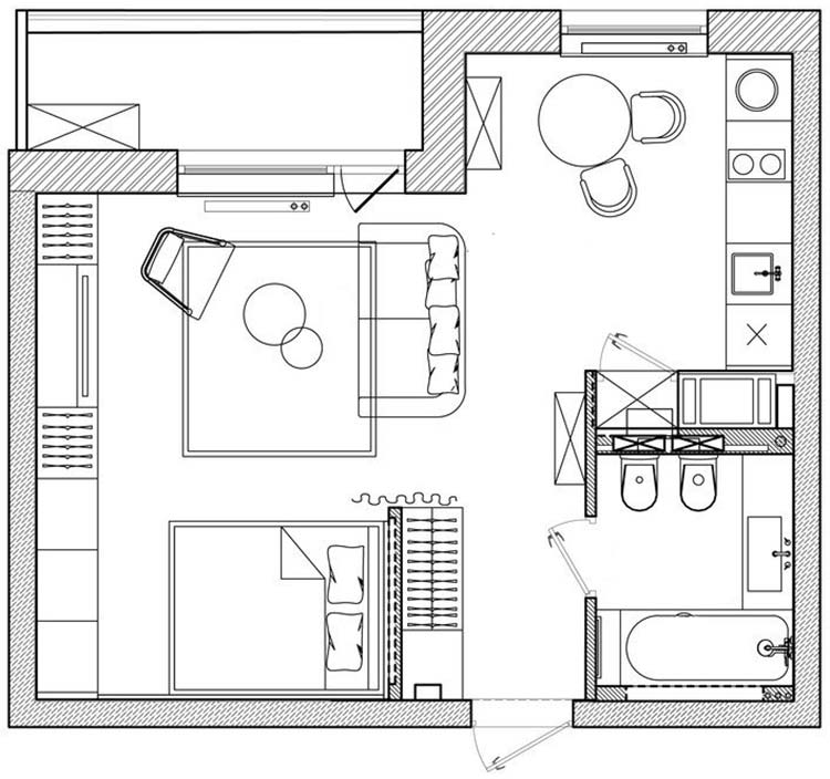 Alaprajz - Mint egy elegáns lakosztály - 40m2-es egyszobás lakás, fényes felületek, szürke színpaletta