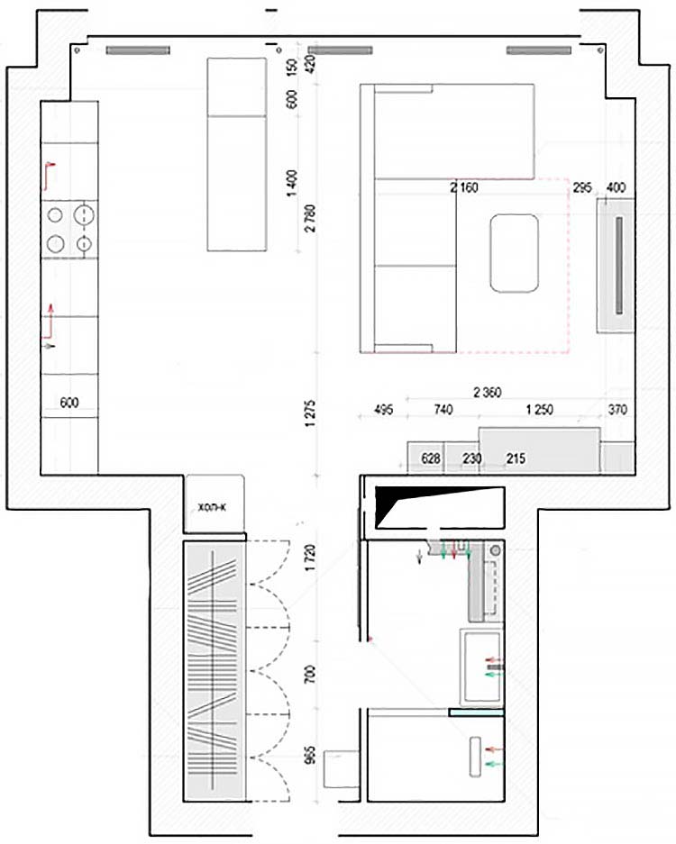 Alaprajz - Egyetemista fiúnak berendezett 40m2-es lakás - wenge polcok, tégla, mikrocement, beton árnyalatok, üvegtégla