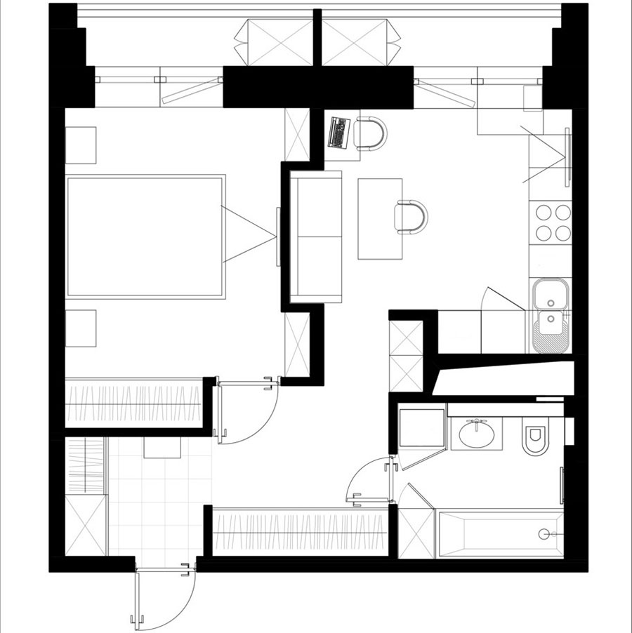 Alaprajz - Kis lakás két személynek - 40m2-es otthon kényelmes hálószobával, sok tárolóhellyel