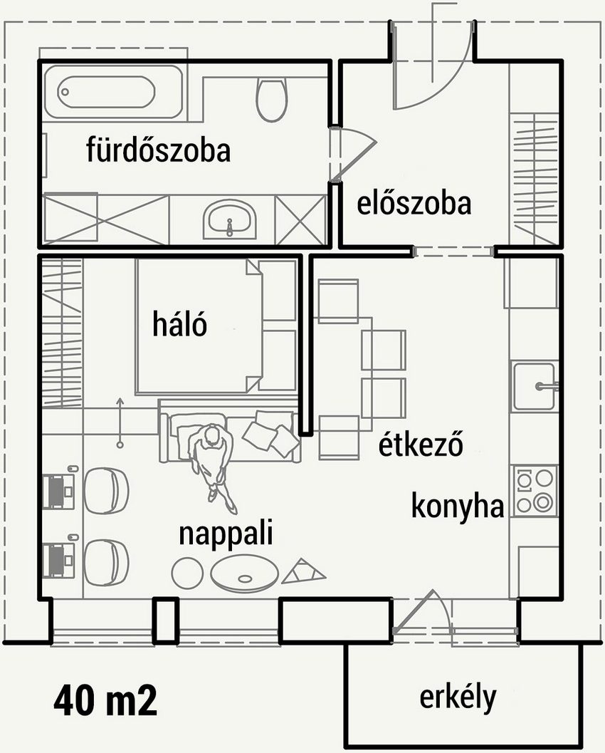 Alaprajz - Kreatívan berendezett 40m2-es kis lakás természetes fa felületekkel és változatos mintákkal