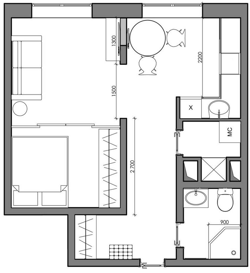 Alaprajz - Hangulatos kis 41m2-es lakás - dekor tégla és vakolat, tolóajtós üvegfallal leválasztott hálószoba, kényelmes konyha, zuhanykabin