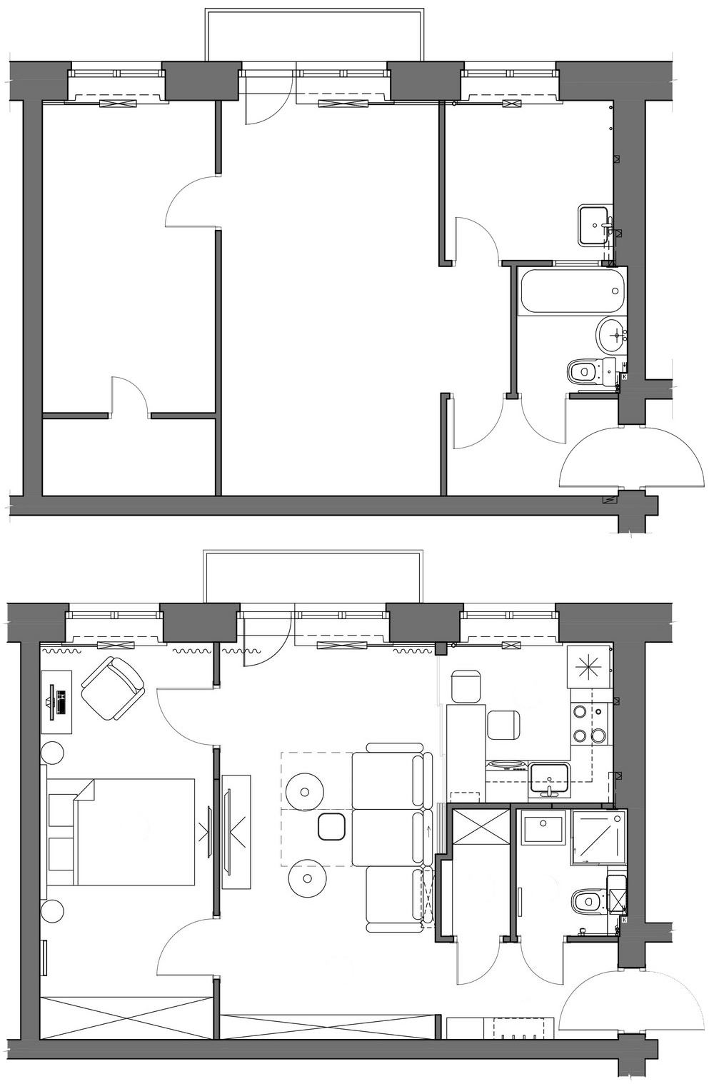 Alaprajz - Fiatal pár kétszobás első otthona - 43m2-es lakás ötemeletes téglaházban, berendezés klasszikus és skandináv elemekkel