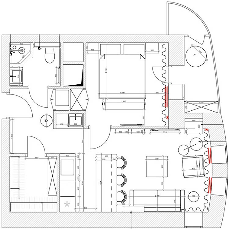 Alaprajz - Fiatal lány 43m2-es másfél szobás lakása (+ kutya, cica) otthonosan berendezve - kellemes színek, besétálós gardrób