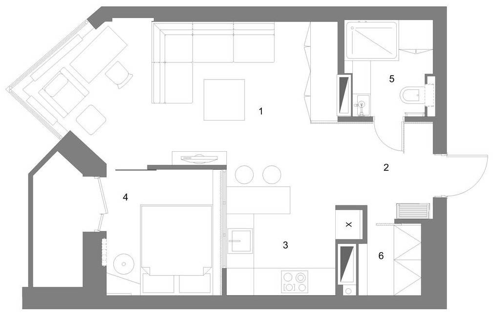 Alaprajz - Kreatív lakberendezés 45m2-en - egy fiatal pár modern lakása egyedi megoldásokkal