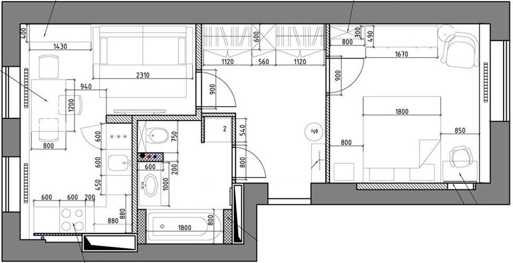 Alaprajz - 45m2, két szoba - kék árnyalatok, nappali és konyha L alakú térben, nagy előszoba, kényelmes háló