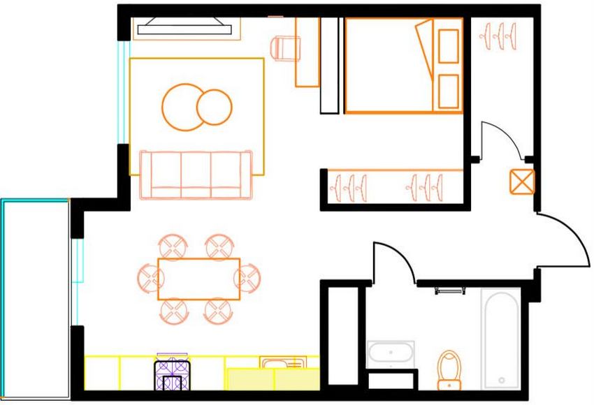 Alaprajz - Kreatív, fiatalos, ötletes - 45m2-es modern lakás szürke-sárga-kék színpalettával