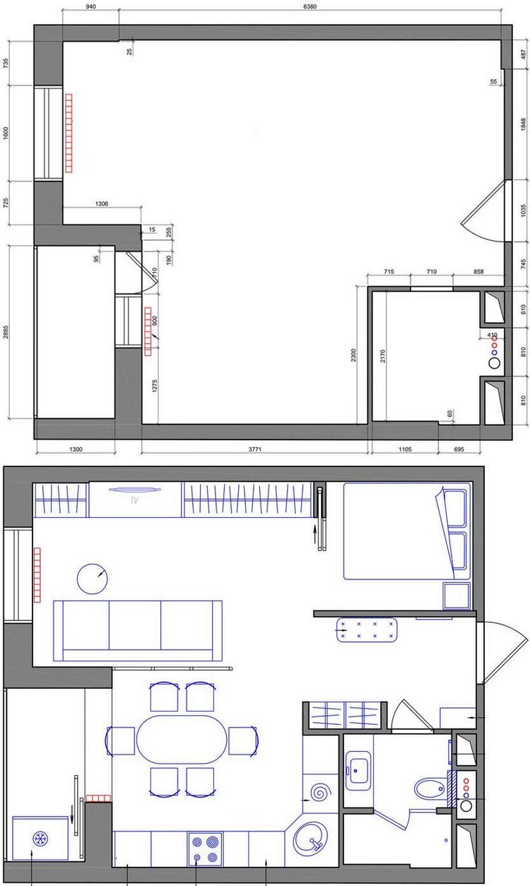 Alaprajz - Minden fontos funkció, amire egy fiatal férfinak szüksége volt új, 45m2-es lakásában - térszervezés, modern berendezés