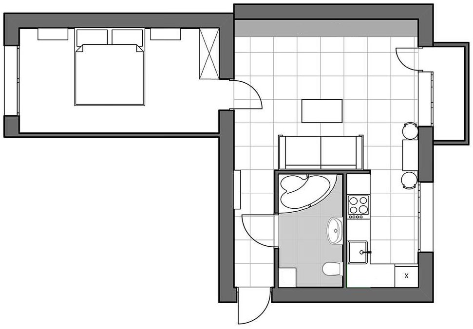 Alaprajz - 45m2-es, kétszobás lakás letisztult, modern, sallangmentes lakberendezéssel, látványos megoldásokkal