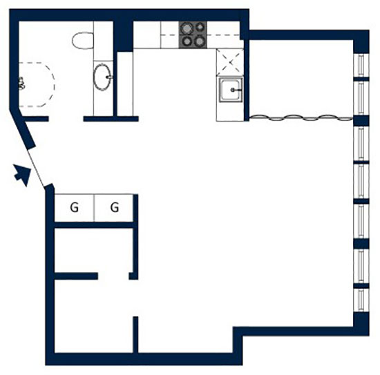 Alaprajz - Példa egyszobás 45m2-es lakás berendezésére természetes, semleges dekorációval - dekoratív vakolat, gardróbszoba, szép fa felületek