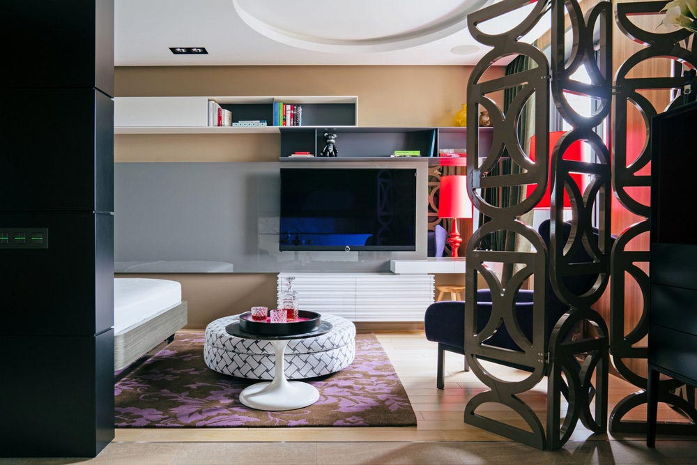 Kis lakás berendezése - 45m2, minőségi anyagok, élénk színek, változatos textúrák, egyedi bútorok