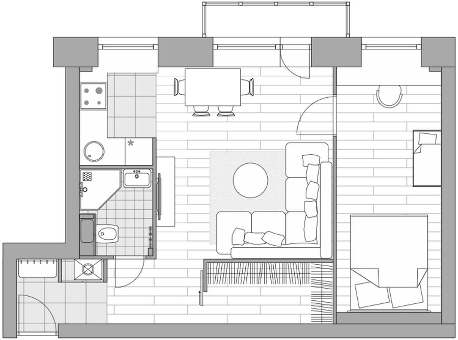 Alaprajz - Kétszobás, 46m2-es lakás elosztásából kihozni lehetőség szerint a legtöbbet