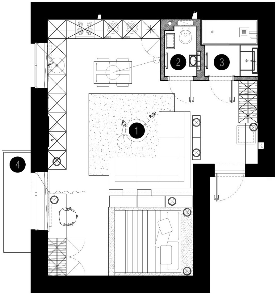 Alaprajz - Modern, kényelmes, 46m2-es lakás egy fiatal férfinak - tágas, nyitott tér ügyes térszervezéssel