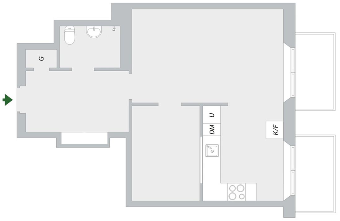 Alaprajz - Egzotikus kiegészítők, kontrasztos, semleges színpaletta, ablak konyha és hálószoba között - 46m2-es kétszobás lakás