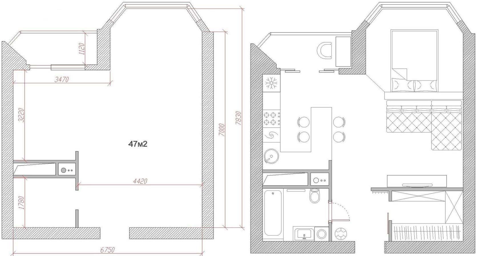 Alaprajz - Férfias lakberendezés, jól átgondolt elosztás 47m2-es új, egyszobás lakásban - modern terek, szép fa és meleg árnyalatú tégla
