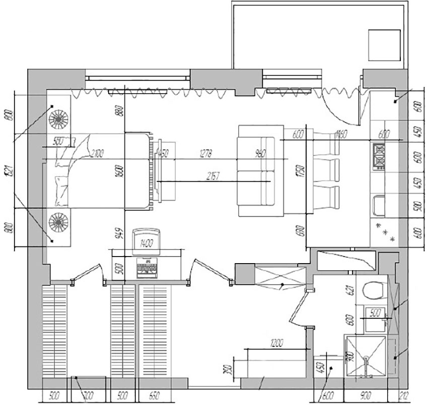 Alaprajz - Nyugodt, férfias, szép és kényelmes egyszobás lakás - klasszikus és loft jegyek, praktikus kialakítás 48m2-en